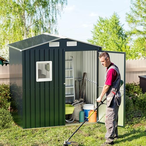 6x4FT Outdoor Steel Storage Shed with Clear Window, Lockable Doors, Weather-Resistant Metal Tool Shed for Garden, Backyard, Patio, and Utility Storage