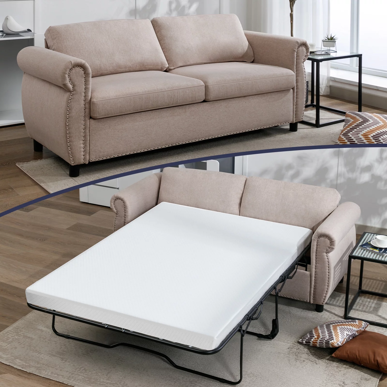 ZAFLY 2-in-1 Queen Size Pull Out Sofa Bed | Convertible Loveseat with Mattress | Sleeper Sofa Couch for Living Room/Apartment, Beige