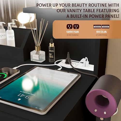Vanity Desk with Mirror and Lights Dimmable LED Makeup Table with Drawers Side Cabinet 3 Storage Shelves Power Outlet Dressing Table Set Include