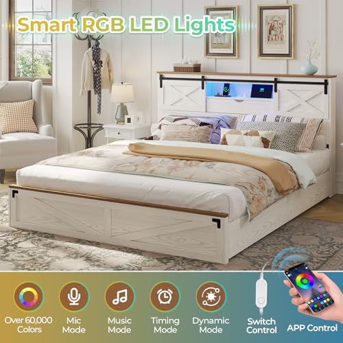 Hasuit Farmhouse Bed Frame California King Size with Storage Bookcase Headboard, Wooden Cal King Bed with LED Lights, Charging Station, 2 Drawers