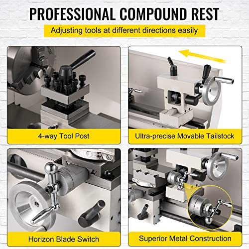 VEVOR Mini Metal Lathe - 8"x14", Variable Speed 2250 PRM, 650W Precision Lathe for Various Metal Types