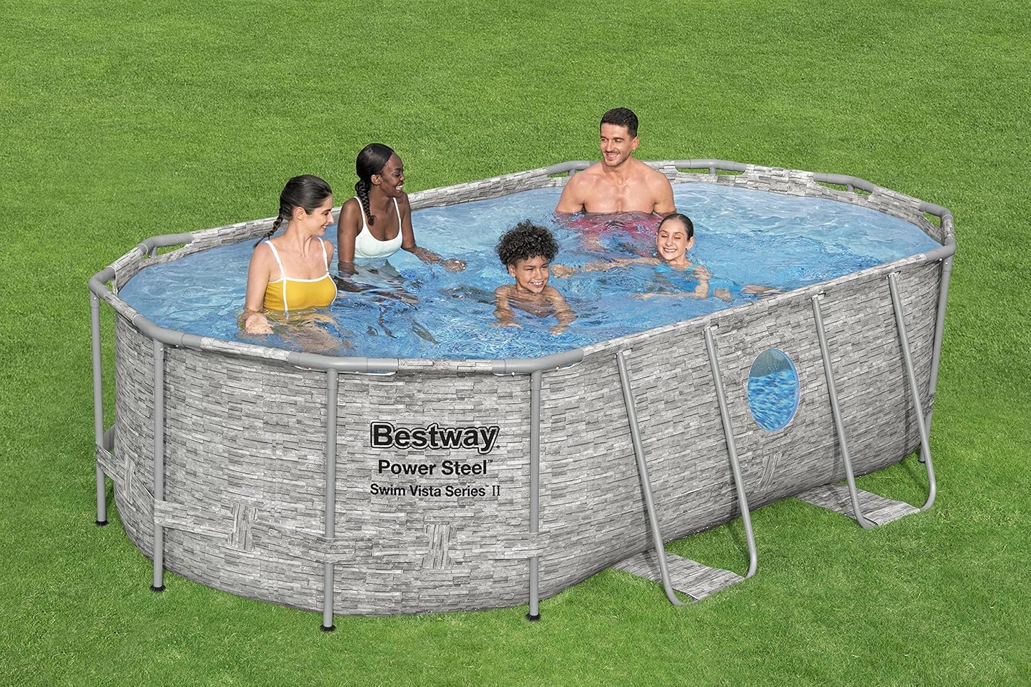 Bestway 56711E Power Steel 18' x 9' x 48 Outdoor Oval Frame Above Ground Swimming Pool Set with 1500 GPH Cartridge Filter Pump, Cover, & Ladder, Gray