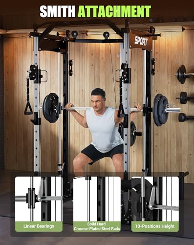 Smith Machine for Home Gym, 2200LBS Capacity Heavy Duty Power Cage with Cable Crossover System