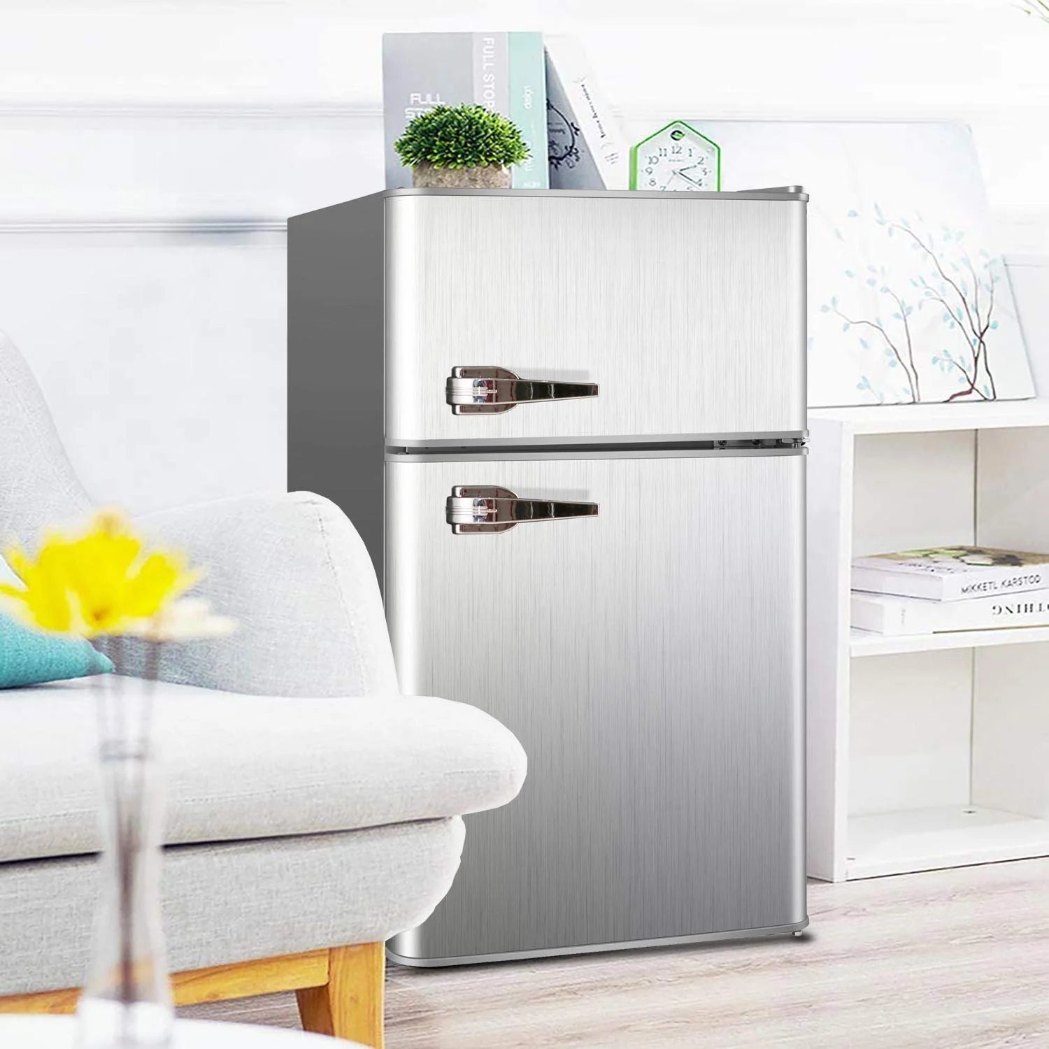 3.2 Cu.ft Compact Refrigerator Double Door Mini Fridge with Top Door and Removable Glass Shelves, Beverage and Food Storage Cooler for Office