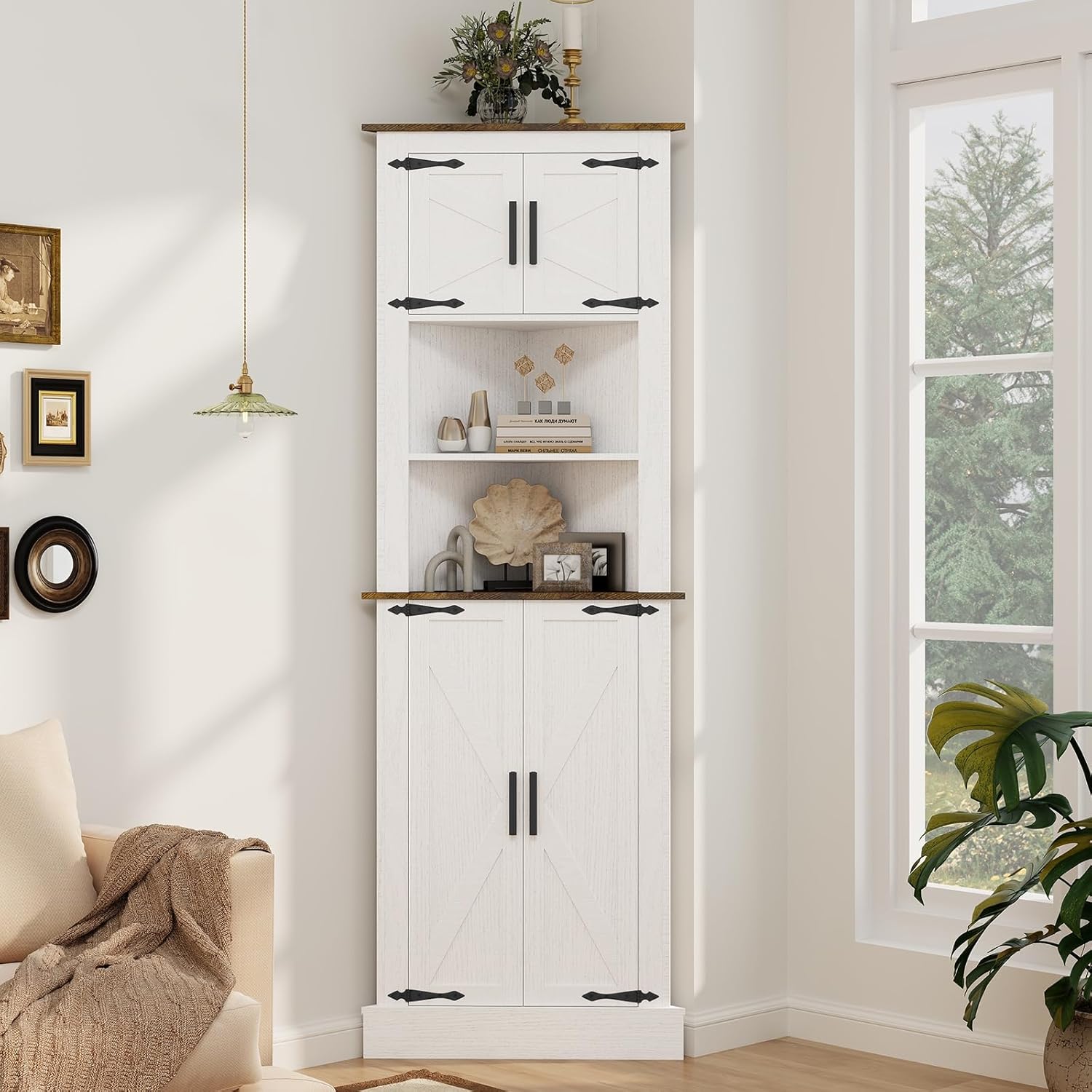 ELECWISH Tall Corner Cabinet, 68" Farmhouse Bathroom Storage Cabinet, 5-Tier Kitchen Pantry Corner Cabinet with 4 Barn Doors & Adjustable Shelves