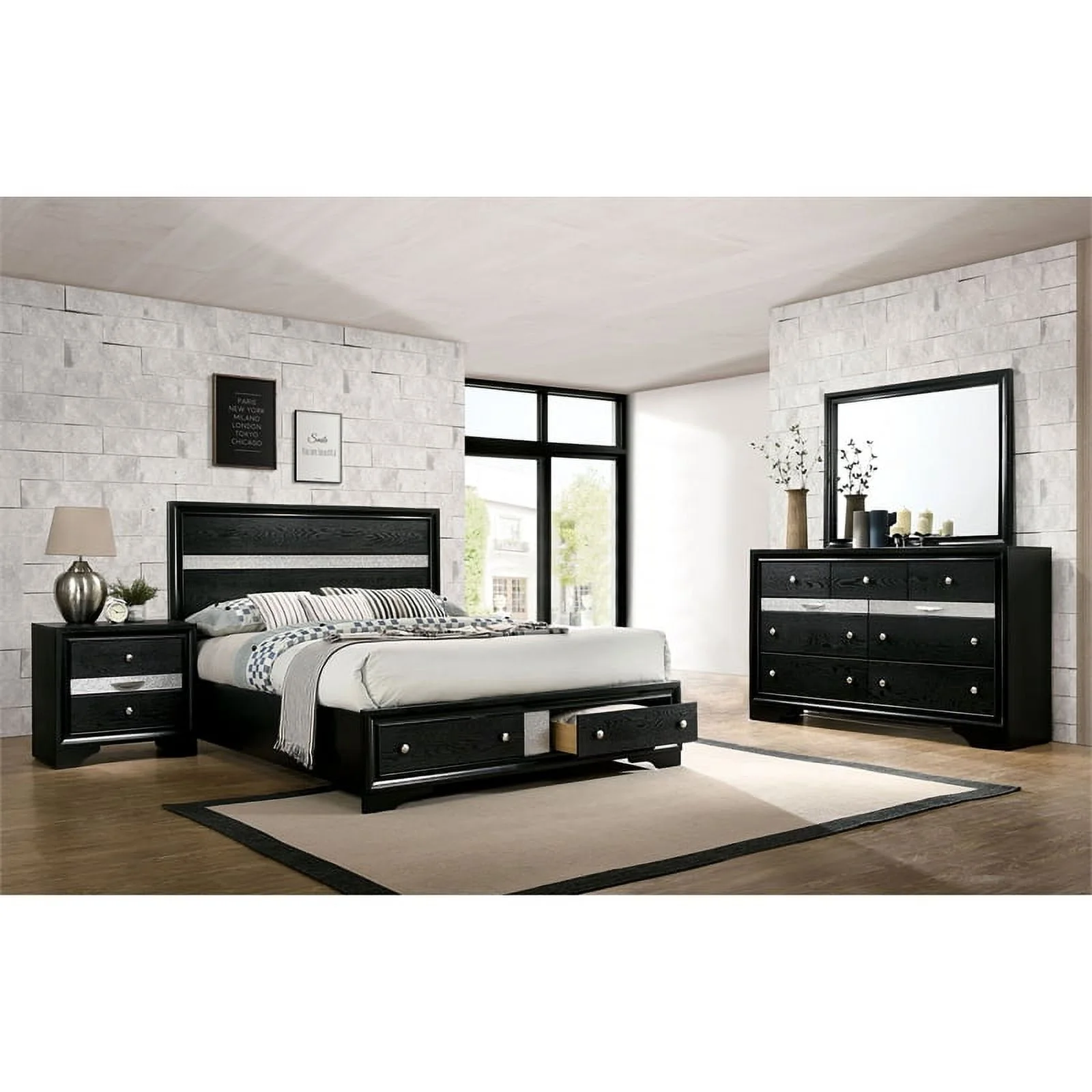 FOA Laren 3-Piece Black Wood Bedroom Set - King + Nightstand + Dresser