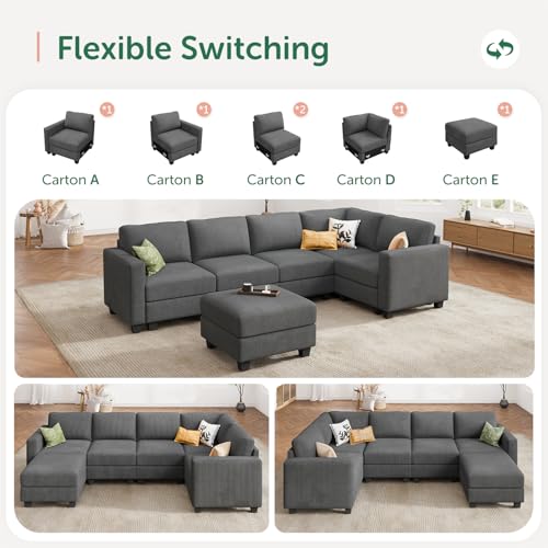 HONBAY Corduroy Modular Sectional Couch with Storage L-Shaped Sectional Couches for Living Room 6 Seater Modular Sofa, Dark Gray