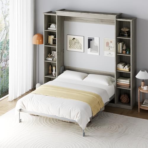 Rophefx Queen Murphy Bed Cabinet with 5-Tier Adjustable Storage Shelves, Queen Wall Bed Cabinet Bed, Wood Space Saving Beds, Foldable Platform Beds