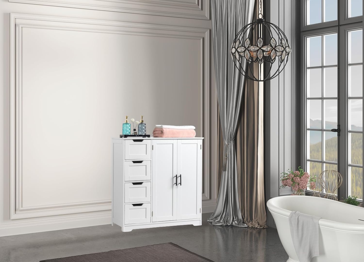 White Bathroom Storage Cabinet, Freestanding Floor Cabinet w/Doors & Drawers, Bathroom Storage Unit