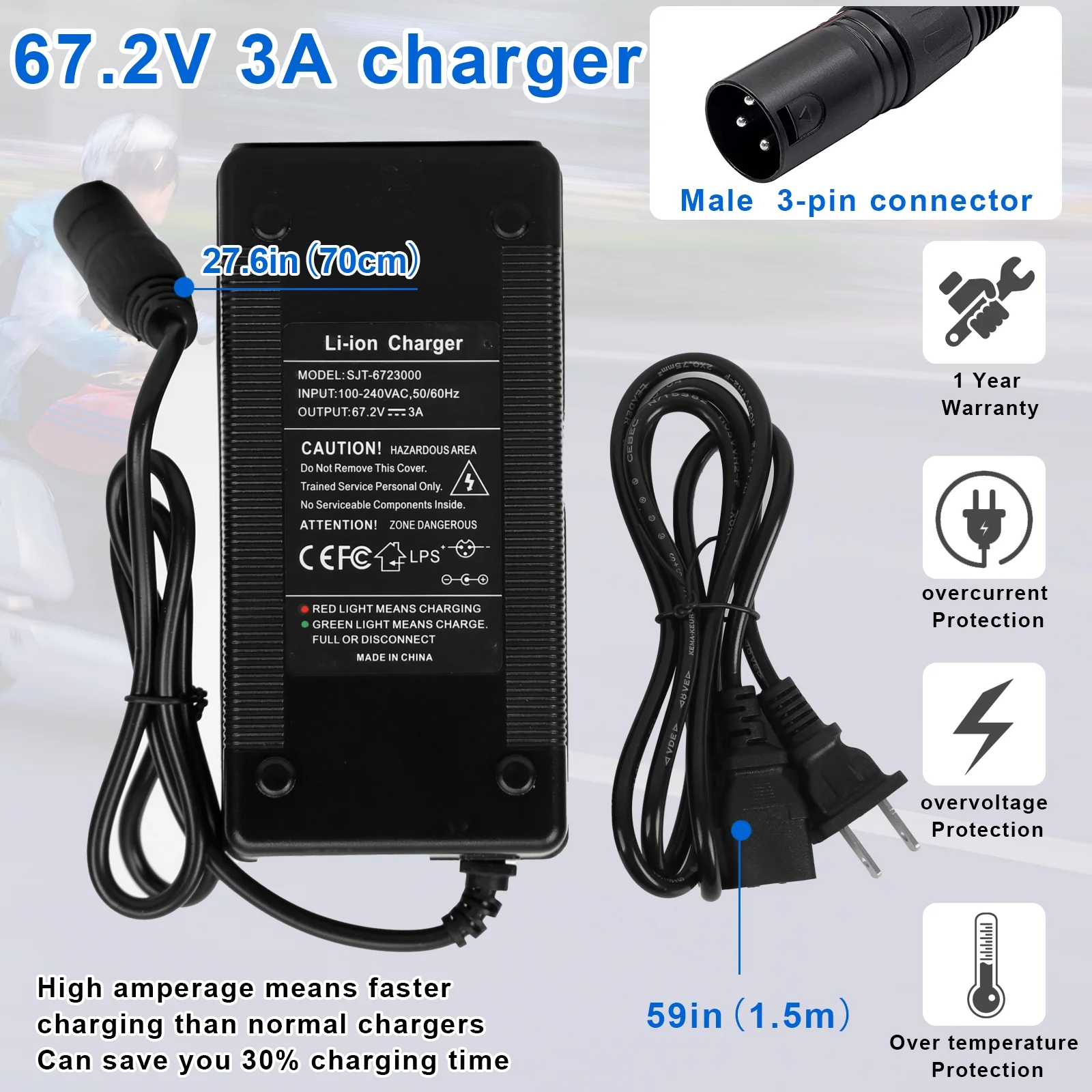 Electric Battery 60V 20Ah Electric Bike Lithium Ion Battery 60V Battery with 3A Charger, T-Plug Extension Cord