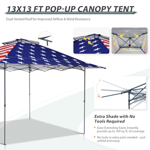 EAGLE PEAK 13x13 Straight Leg Pop Up Canopy Tent Instant Outdoor Canopy Easy Single Person Set up Folding Shelter w/Auto Extending Eaves 169 Square