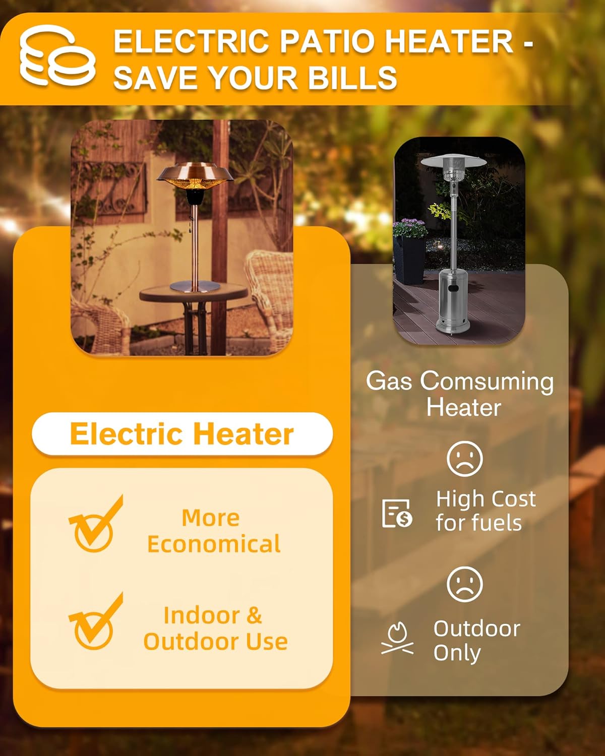 Star Patio Electric Patio Heater, Outdoor Heater, 1500W Infrared Heater with Brush Copper Finished, Tip-Over Protection, Electric Tabletop Heater