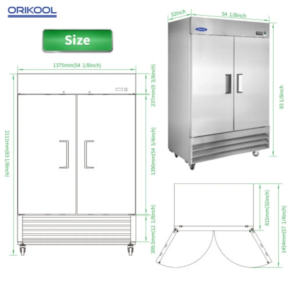 ORIKOOL 54" Commercial Refrigerator 49 Cu.ft with 2 Solid Door Reach-In Refrigerators Stainless Steel ETL Approved Upright Fridge Storage  Silver +
