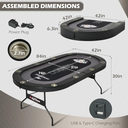 LED Poker Table, 10 Player Foldable Texas Holdem Table w/Inlaid LED Light, 2 USB & 2 Type-c Ports
