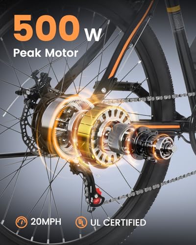 Electric Bike for Adults with 26'' Peak 500W Brushless Motor Ebike, 20MPH 40Miles Commuting Electric Mountain Bike with 360Wh Removable Battery