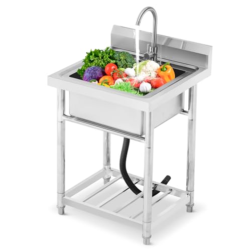 Utility Sink Stainless Steel Free Standing Single Bowl Laundry Outdoor Commercial Kitchen Sink with Cold Hot Pipe for Bar, Garage, Restaurant