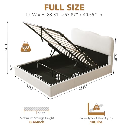 VELOCAVA Queen Size Lift-Up Storage Bed, Upholstered Boucle Bed with Curved Headboard, Rounded Corners, Sturdy Wooden Slat Support