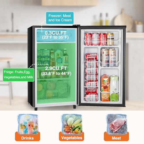 Sweetcrispy 3.2 Cu.Ft Mini Fridge with Freezer Small Refrigerator Single Door Adjustable Thermostat Energy-efficient Low Noise