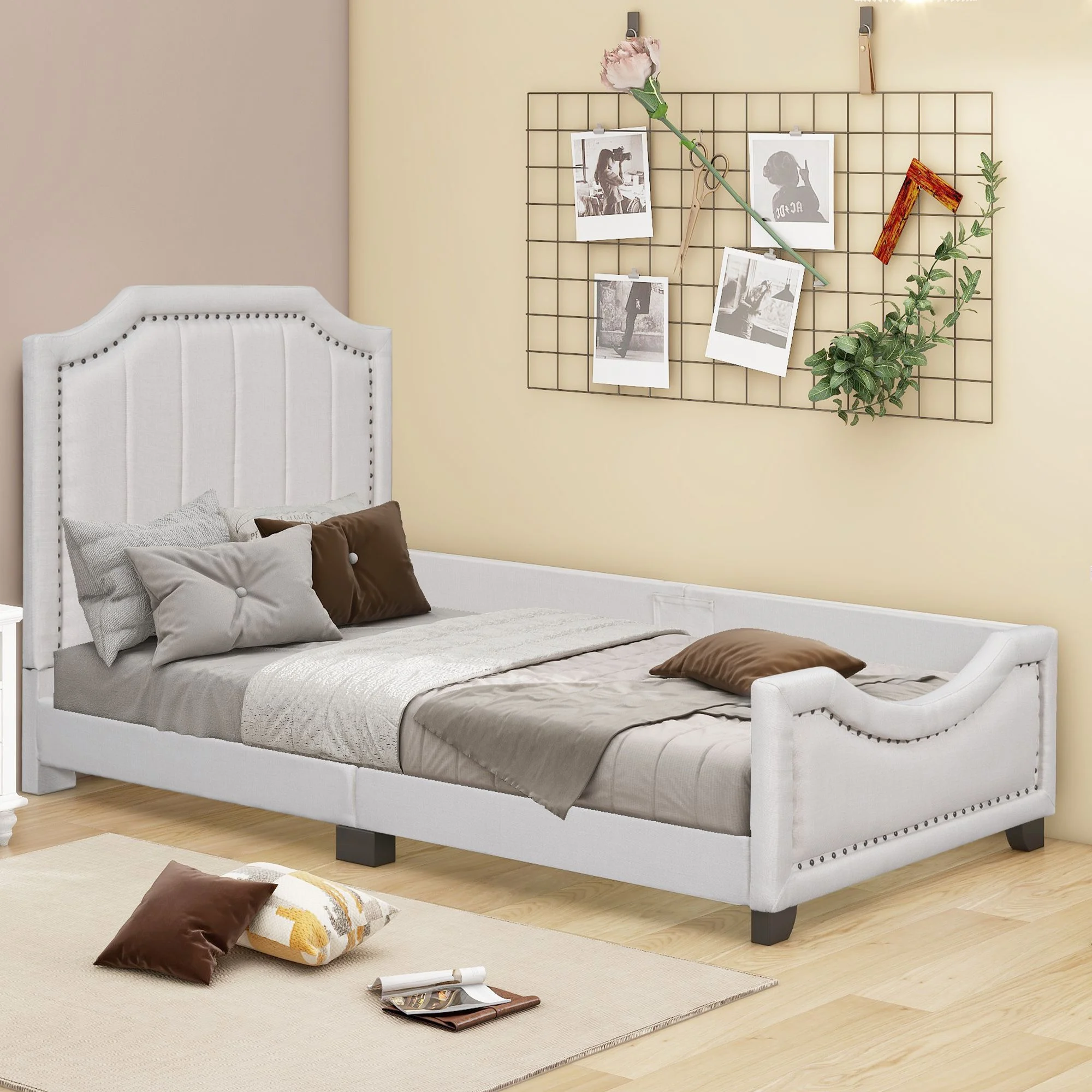 Twin Storage Upholstered Platform Bed Mattress Foundation with Nailhead Trim Decoration and Guardrail
