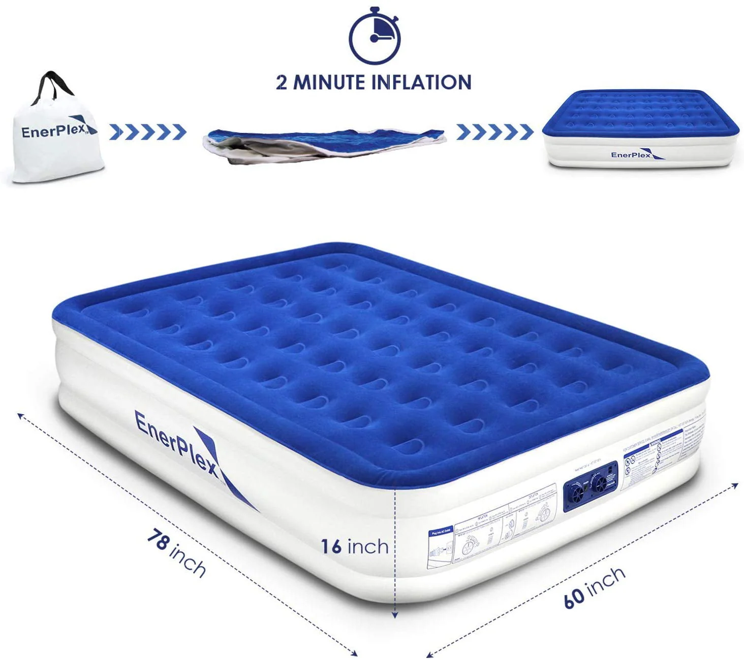 EnerPlex Luxury 16 Inch Double High Air Mattress with Built in Pump, Queen