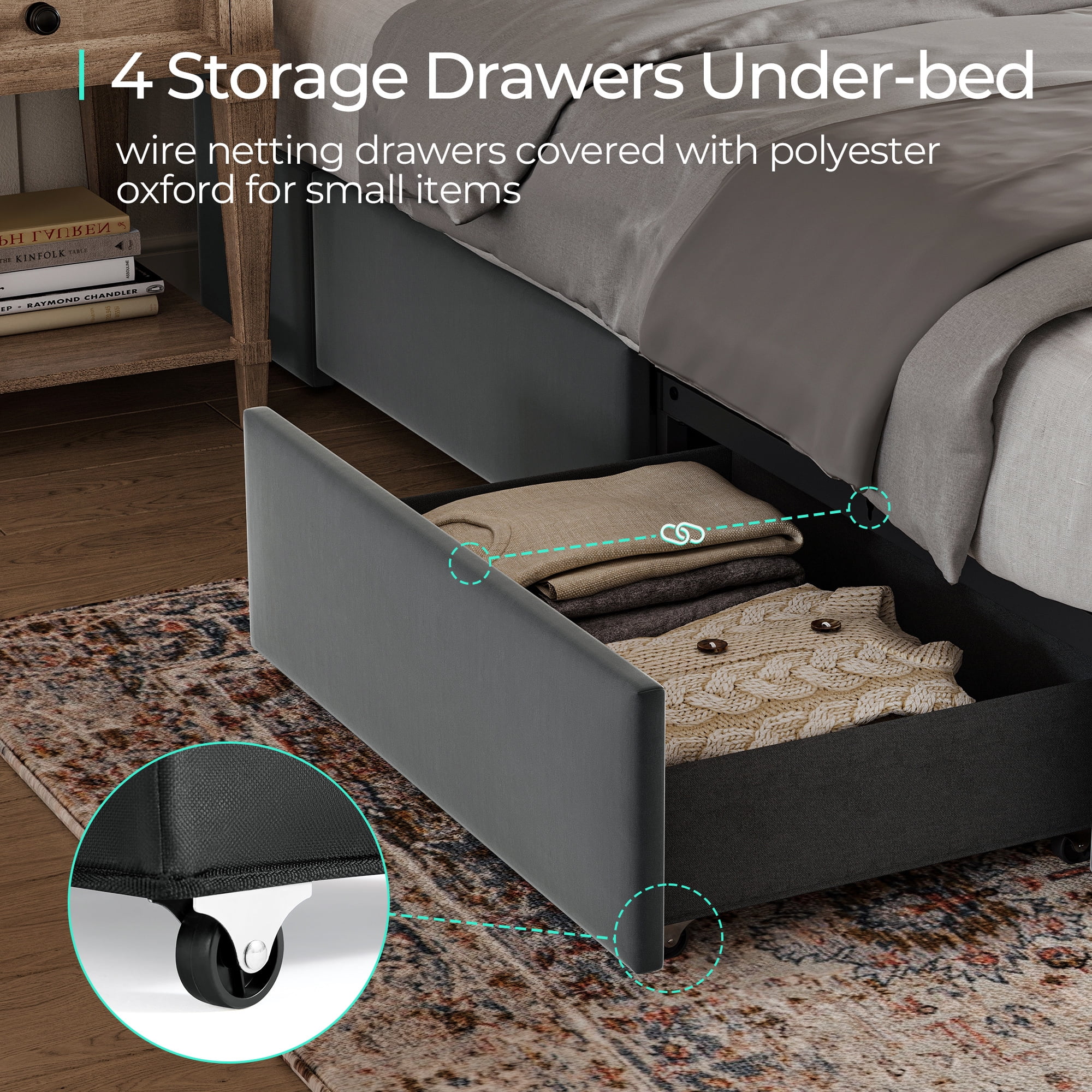 Linsy Home Upholstered Queen Size Platform Bed Frame with Headboard and 4 Storage Drawers, Storage Bed with Remote RGB Lights & Fast Charger