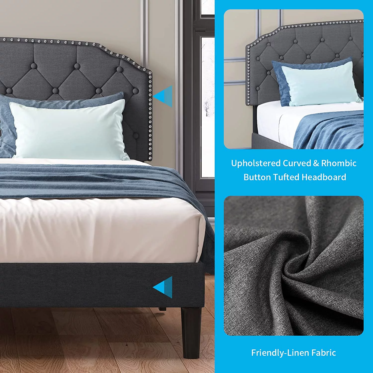 Mjkone Queen Size Platform Bed Frame with Diamond Button Tufted Upholstered Headboard,Stylish Modern Soft Bed Frame with Sturdy Wood Slat Support
