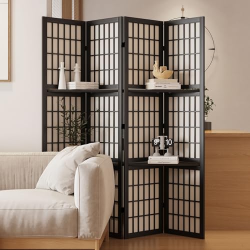 Room Divider, 66.9Inch Tall Japanese Shoji Style Folding Wood Screen with Double Hinges for Home Office Bedroom Hotel Decoration (4Panels, Black)