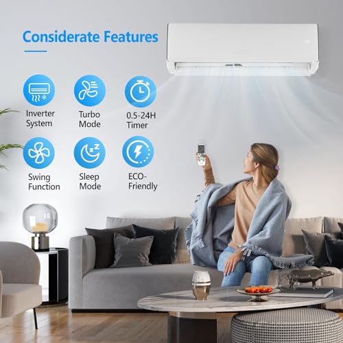 Bonnlo 17SEER2 Ductless Mini Split AC/Heating System, Split-System Wall Air Conditioner Pre-Charged Inverter Heat Pump with 16ft Installation Kit