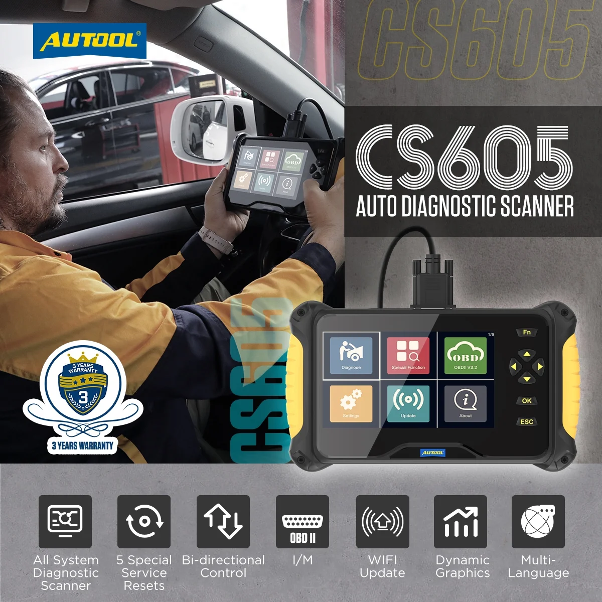 AUTOOL CS605 Car Code Reader OBD2 Scanner Computer Reader Automotive Diagnostic Tool Oil/EPB/ABS/SAS/ Throttle Reset Diagnostic Tool for All PCM BCM