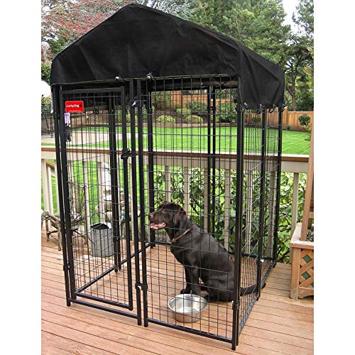 Stay Series 4 by 4 by 4.3 Feet Studio Jr. Black Powder Coat Steel Frame Outdoor Dog Kennel with Waterproof Canopy Roof and Gate Door, Khaki