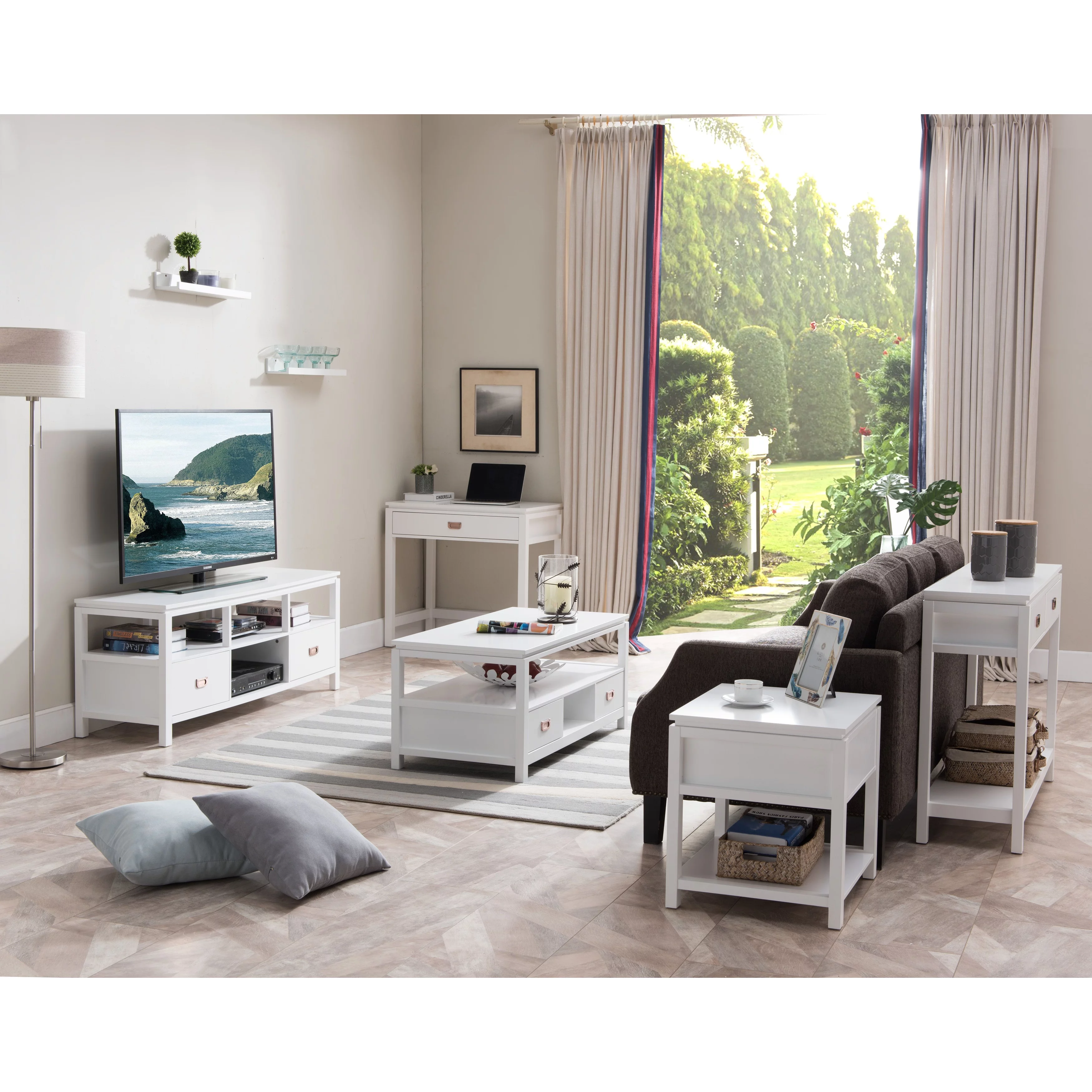 K&B 3 Piece White Finish Wood Storage Occasional Table Set, Coffee Table & 2 End Tables