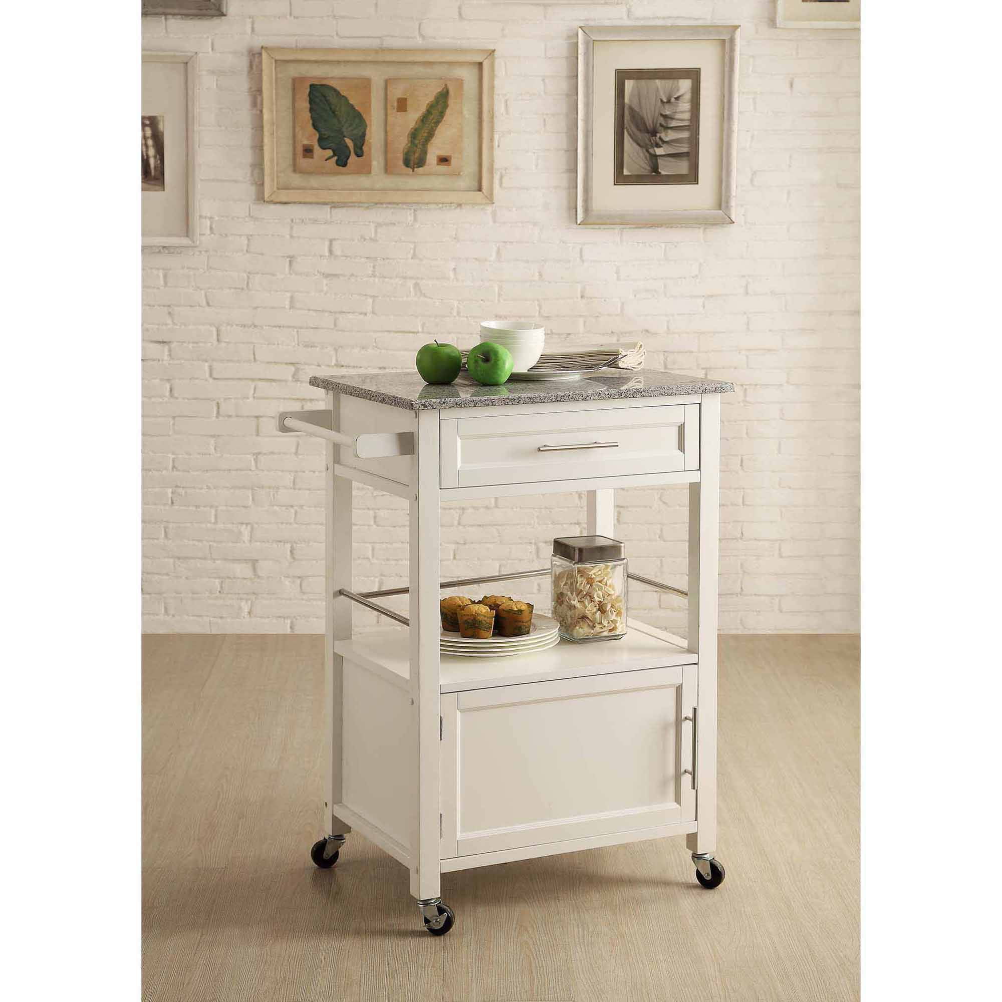 Linon Mitchell Wood Granite Top Kitchen Cart in White