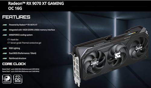 GIGABYTE Radeon&trade; RX 9070 XT Gaming OC 16GB GDDR6, 256 bit, Resolution 7680x4320, PCI-E 5.0, Boost Clock: up to 3060 MHz (Reference 2970 MHz)