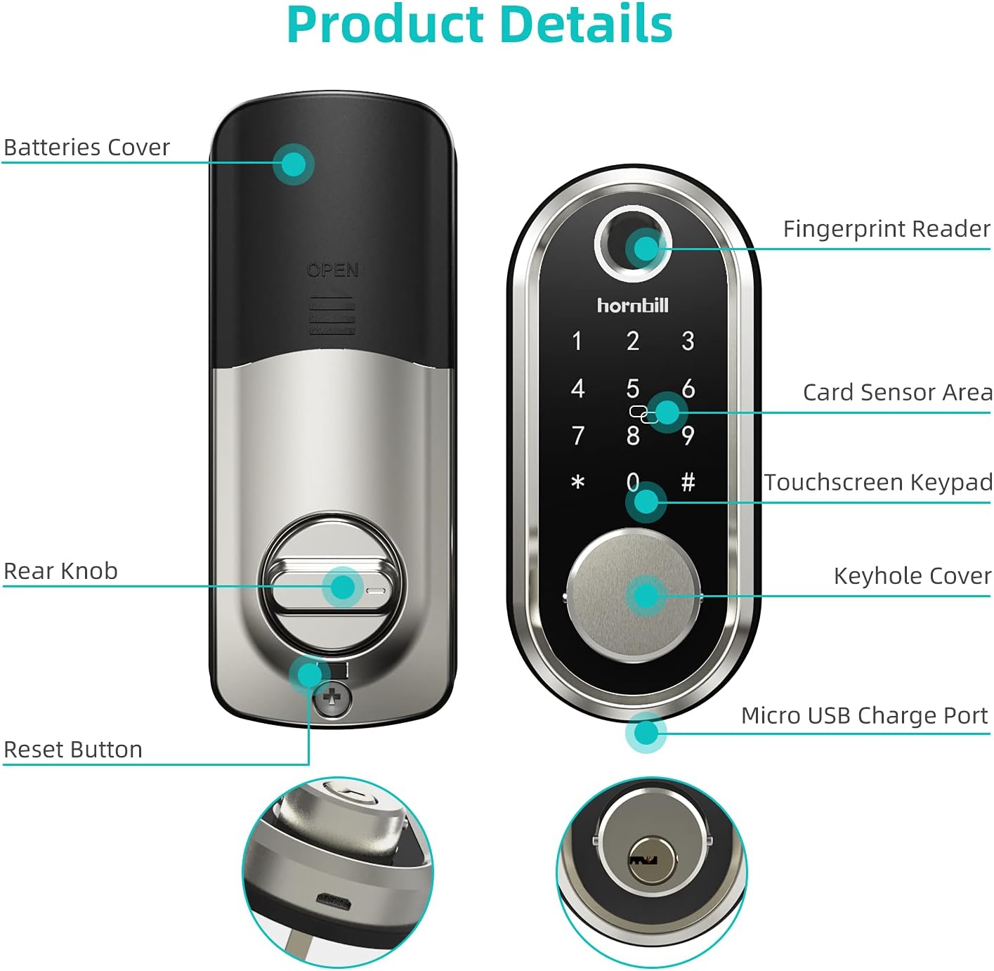 Smart Lock, hornbill Fingerprint Deadbolt Lock with Touchscreen Keypad, Keyless Entry Front Door Lock