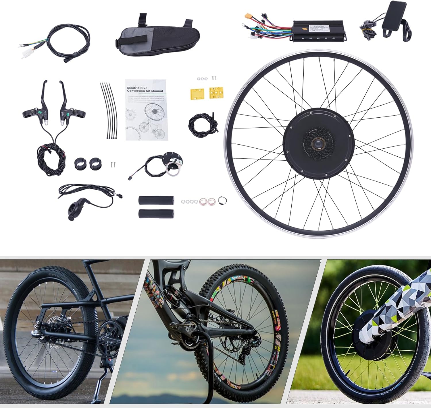 E-Bike Rear Wheel Conversion Kit, 48V 1000W Electric Bicycle Conversion Kit E-Bike Motor Kit with LCD Display