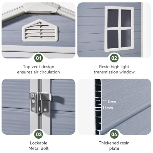 Aoxun Outdoor Storage Shed 5 x 3FT, Resin Shed with Floor and Lockable Door, Plastic Sheds for Garbage Can, Tool, Accessories, Lawn, Garden - Grey