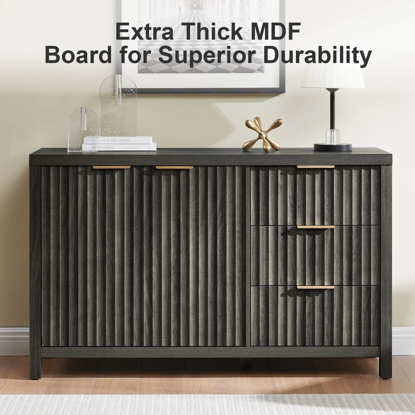 OAKHAM Buffet Sideboard Storage Cabinet with Drawer and Doors, Fluted Sideboard Modern Credenza with Adjustable Shelves