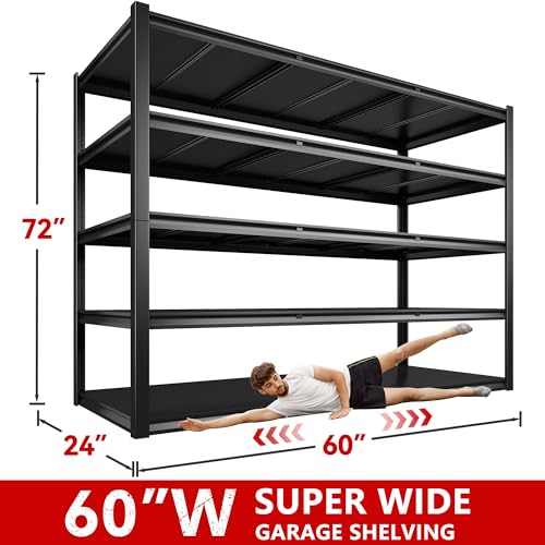 REIBII 60" W Garage Shelving 3000LBS Garage Shelving Heavy Duty Storage Shelves, 5 Tier Metal Shelves, Adjustable Industrial Shelf for Warehouse
