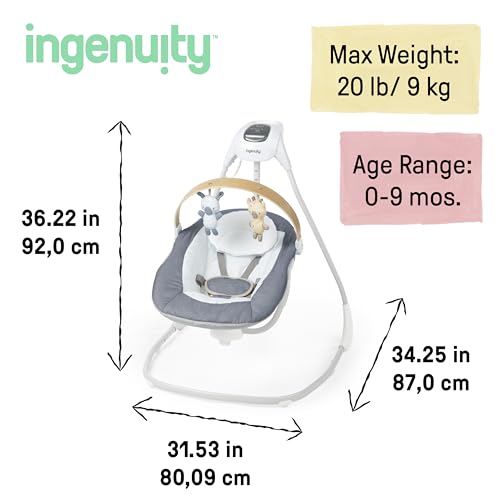 Ingenuity SimpleComfort Lightweight Compact 6-Speed Multi-Direction Baby Swing, Vibrations & Nature Sounds, 0-9 Months 6-20 lbs (Pink Cassidy)