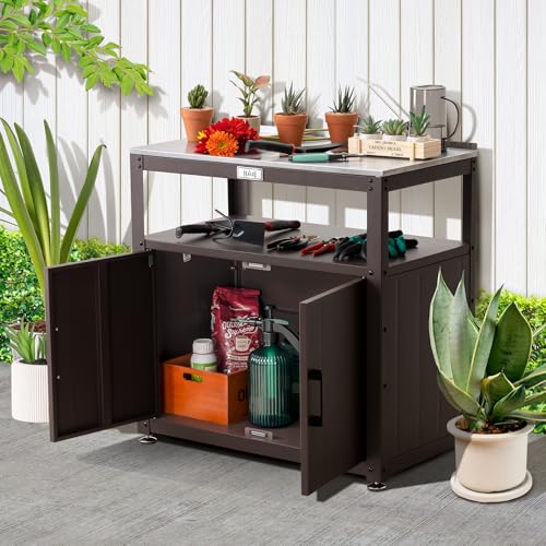 Garden Potting Bench with Storage Cabinet,Outdoor Gardening Table & Work Bench for Plants, Horticulture