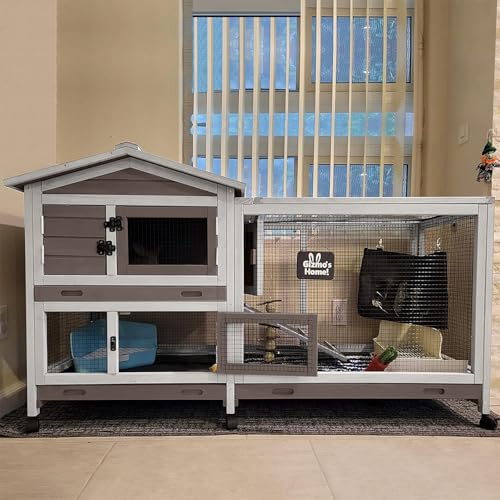 Aivituvin Rabbit Hutch 93.7" Large Rabbit Cage Indoor Outdoor Guinea Pig Cage Chicken Coop on Wheels Bunny Cage with 4 Deep No Leakage Pull Out Tray