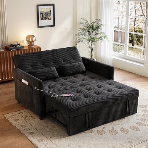 Sofa Bed, Loveseat 3-in-1 Sleeper Sofa with Pull Out Bed, Pockets and USB