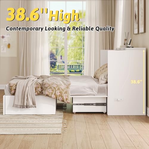 Queen Murphy Bed with Storage & Charging Station, Murphy Cabinet with Foldable Panel, Noisy Free, for Guest Bedroom, Living Room, Office