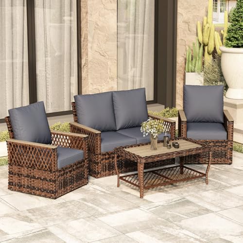 MELLCOM 4 Pieces Patio Furniture Set, Outdoor Wicker Chairs with Ottomans