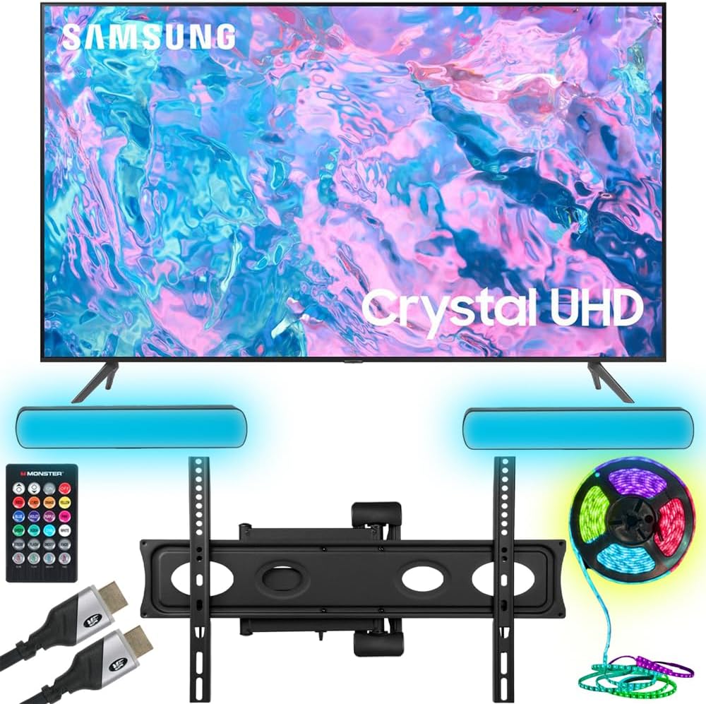 Samsung UN50CU7000 50 inch Crystal UHD 4K Smart TV (2023) Bundle with Monster TV Full Motion Wall Mount for 32"-70" with 6 Piece Sound Reactive