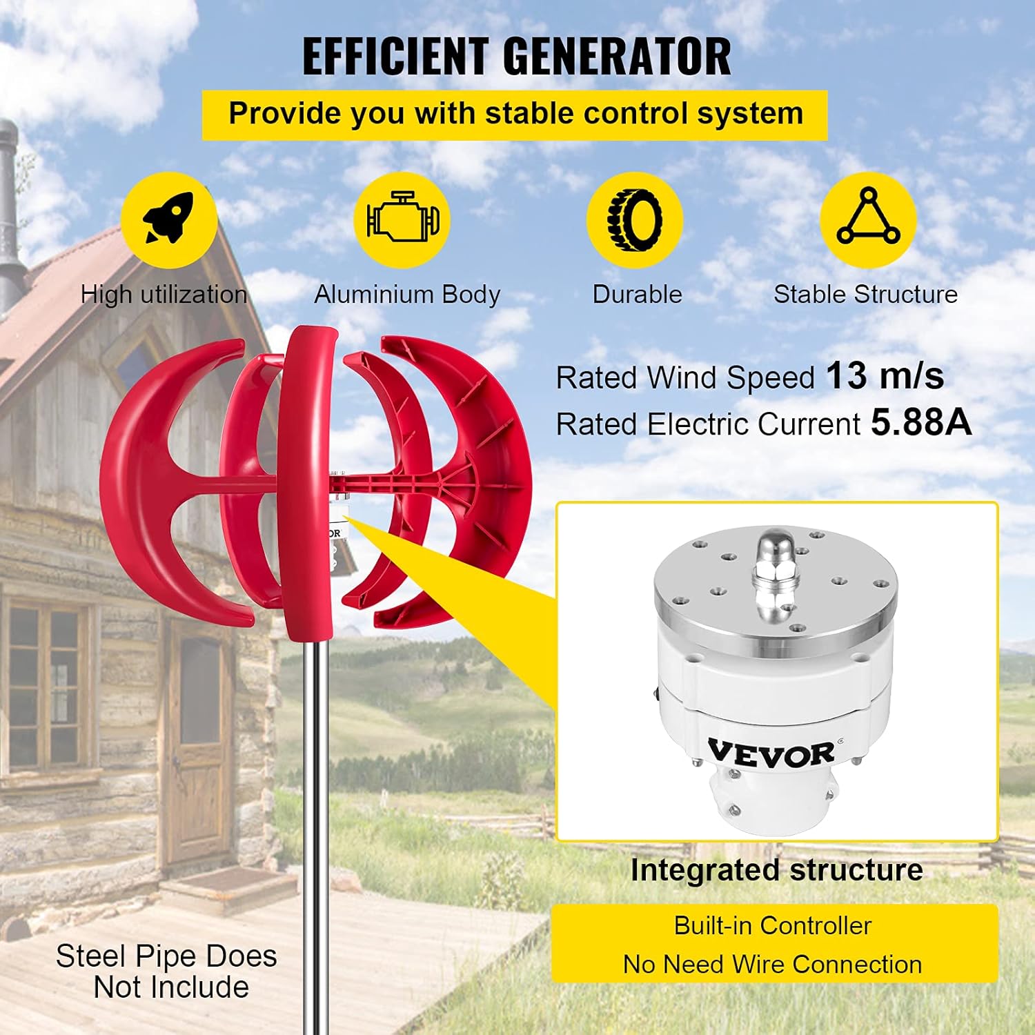 VEVOR Lantern Wind Turbine, 12V/100W Vertical Turbine Generator