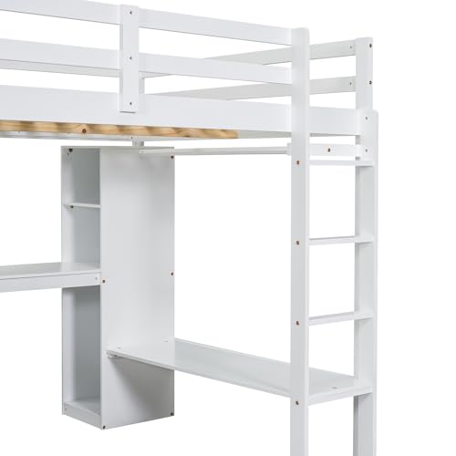 SOFTSEA Full Size Loft Bed with Desk & Wardrobe, Wood Loft Bunk Bed with Storage Shelves and Cabinets