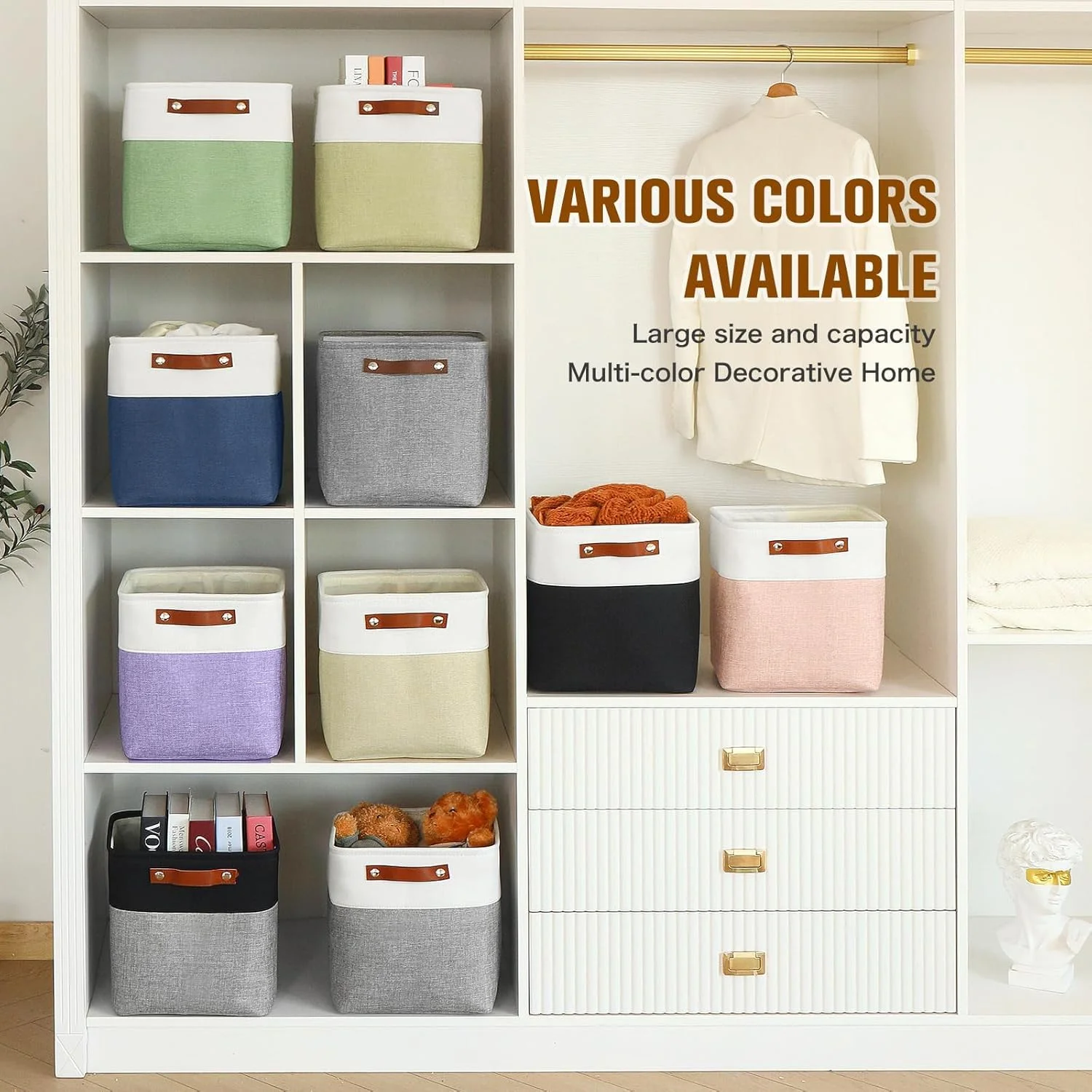 6 Pack Foldable Cube Storage Baskets 11x11 Inch with Leather Handles for Nursery, Closet &amp; Home Organization