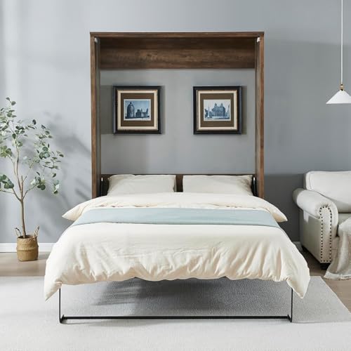 MERITLINE Queen Size Murphy Bed with Storage Bookcase Shelves,Cabinet and Charging Station,Wood Folding White Murphy Wall Bed