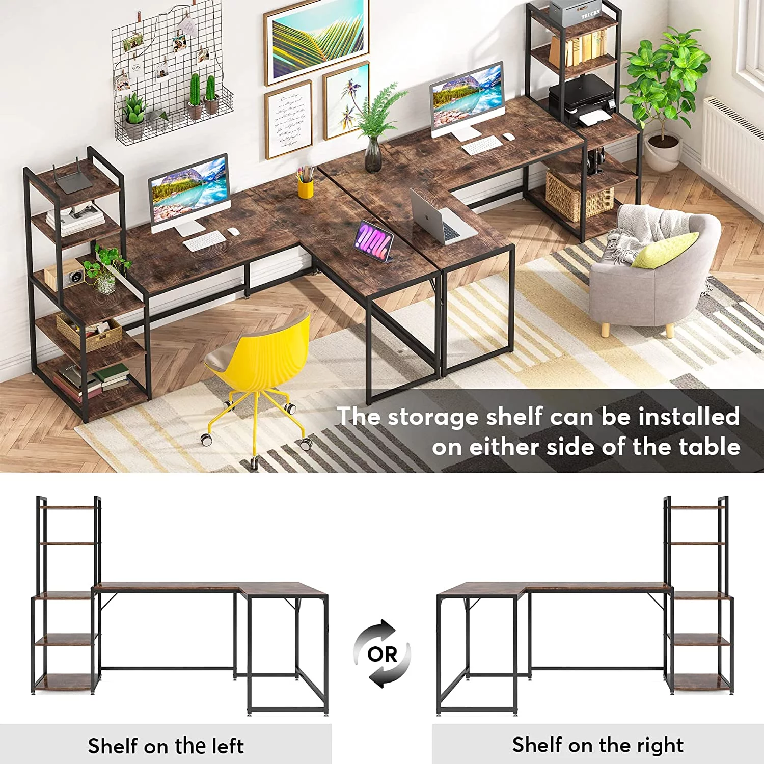 HJZBNONE 79 Inch Reversible L-Shaped Desk  Industrial Large Corner Desk with 5 Tier  Shelves  Large L Desk Home Office Desk Computer Table Writing